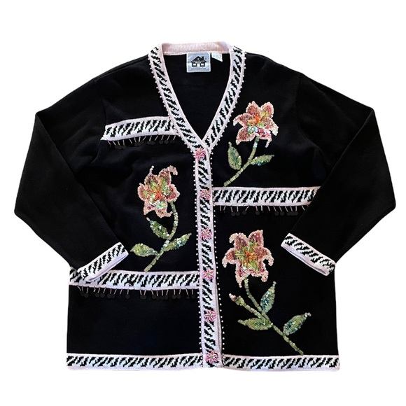 Vintage Sweaters - Storybook Knits Women's Black Cardigan Sequins Garden Lilies sweater